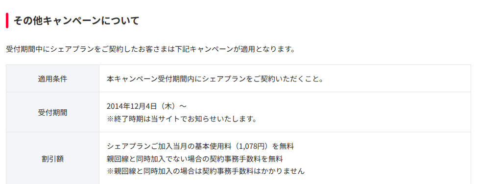 Y!mobile公式サイト シェアプラン契約事務手数料無料キャンペーンの案内(受付期間2014年12月4日〜、終了時期未定)